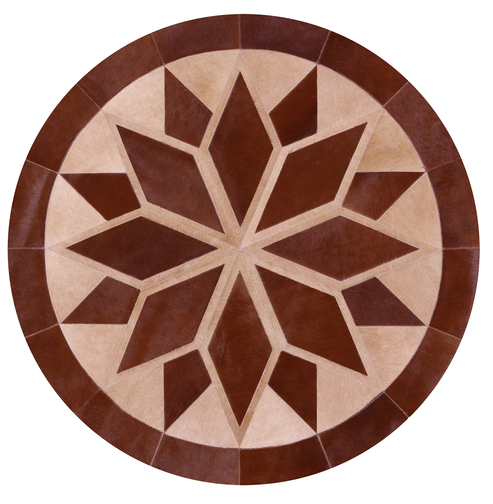 Brown Round Star Natural Cowhide Hand Stitched Patchwork Rug - 5' 0" X 5' 0" - Golden Nile