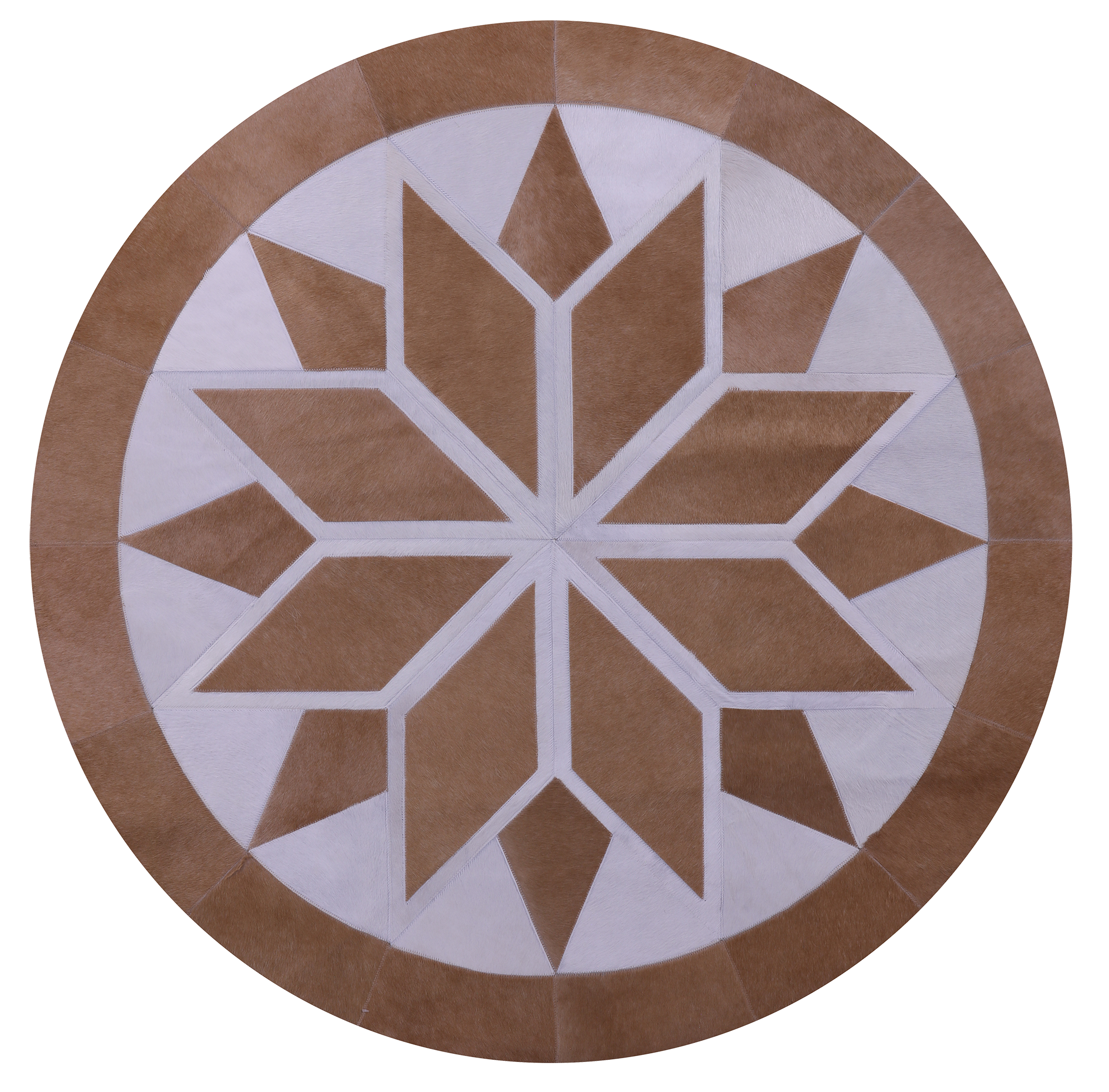 Brown & White Round Star Natural Cowhide Hand Stitched Patchwork Rug - 5' 0" X 5' 0" - Golden Nile