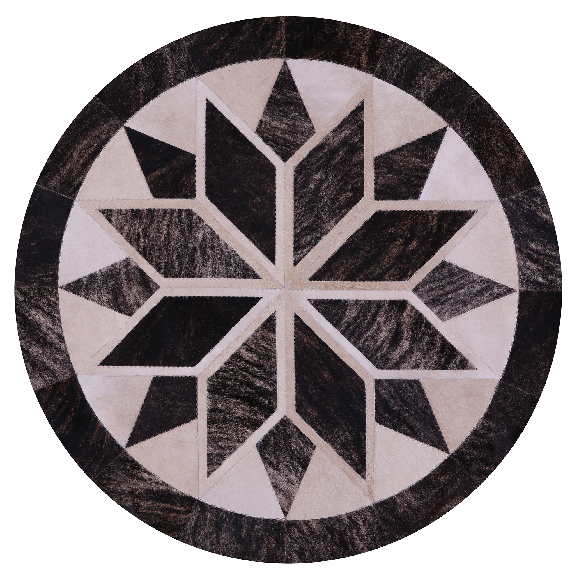 Brown Brindle Round Star Natural Cowhide Hand Stitched Patchwork Rug - 5' 0" X 5' 0" - Golden Nile