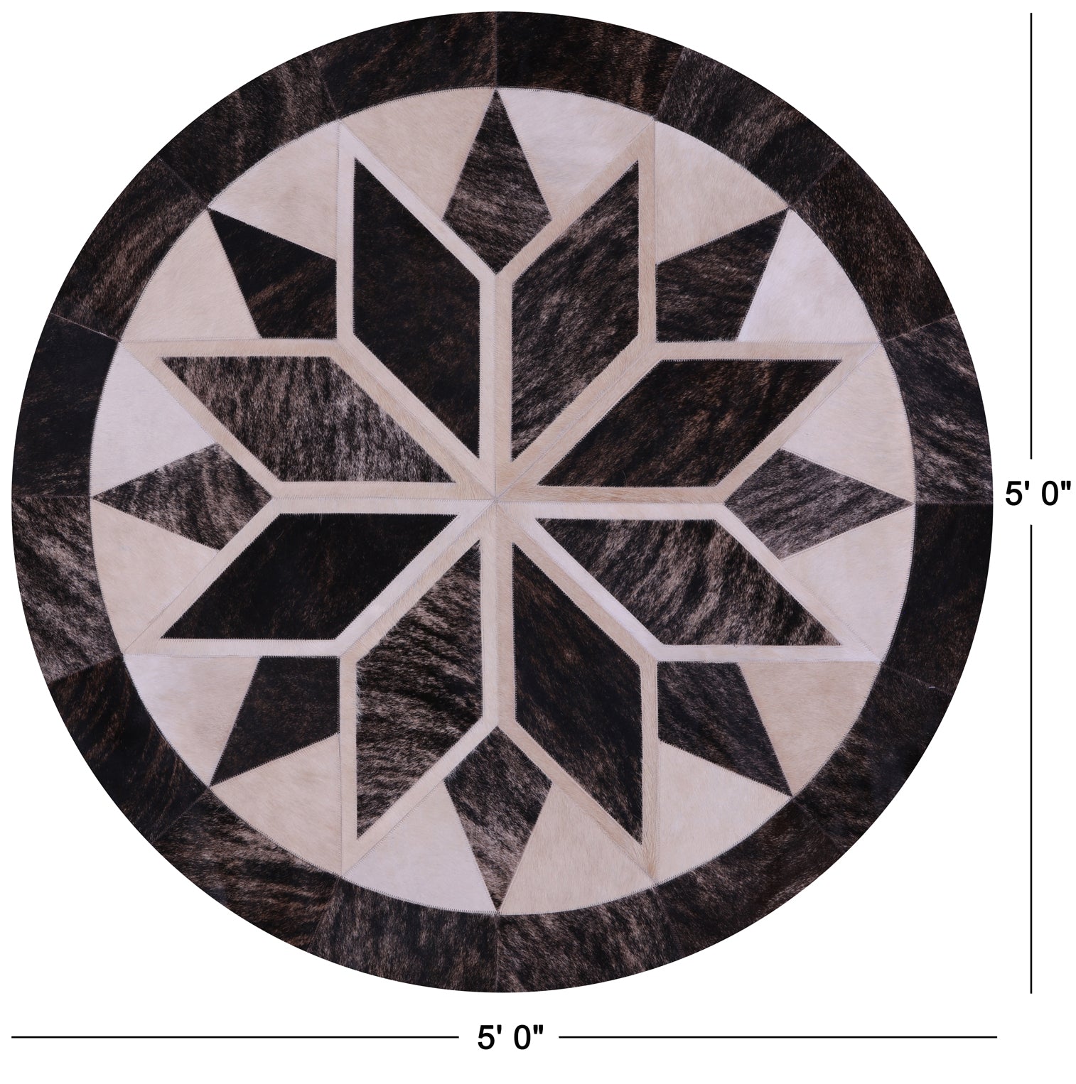 Brown Brindle Round Star Natural Cowhide Hand Stitched Patchwork Rug - 5' 0" X 5' 0" - Golden Nile