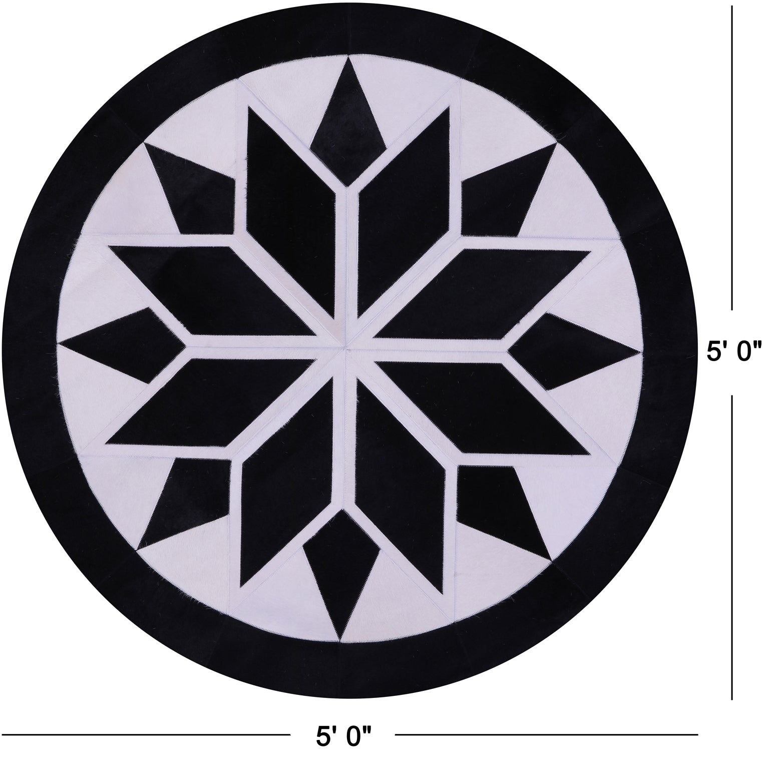 Black & White Round Star Natural Cowhide Hand Stitched Patchwork Rug - 5' 0" X 5' 0" - Golden Nile