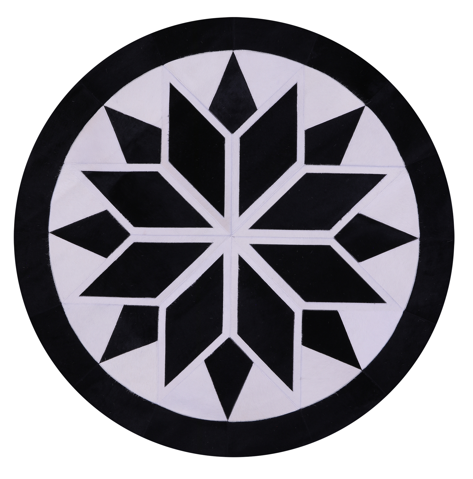 Black & White Round Star Natural Cowhide Hand Stitched Patchwork Rug - 5' 0" X 5' 0" - Golden Nile