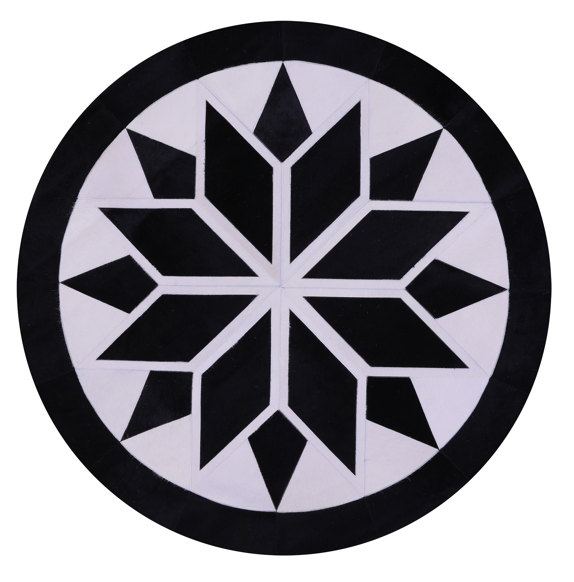 Black & White Round Star Natural Cowhide Hand Stitched Patchwork Rug - 5' 0" X 5' 0" - Golden Nile