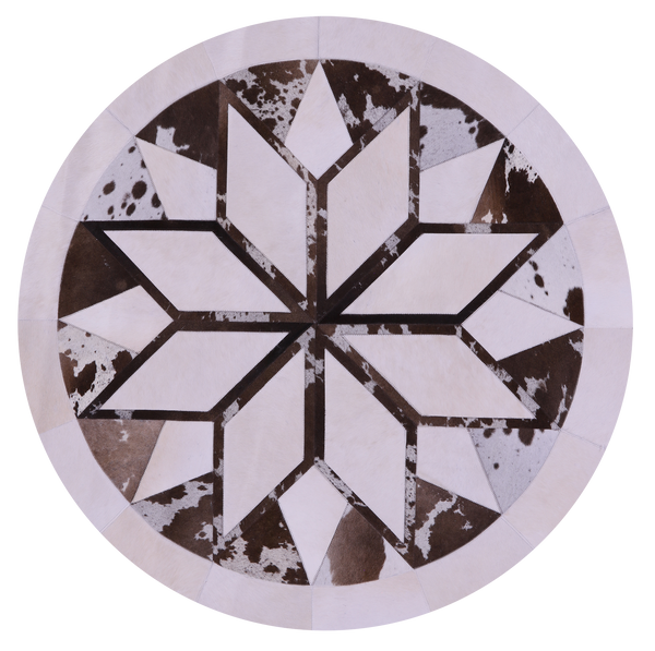 Brown & White Round Star Natural Cowhide Hand Stitched Patchwork Rug - 5' 0" X 5' 0" - Golden Nile