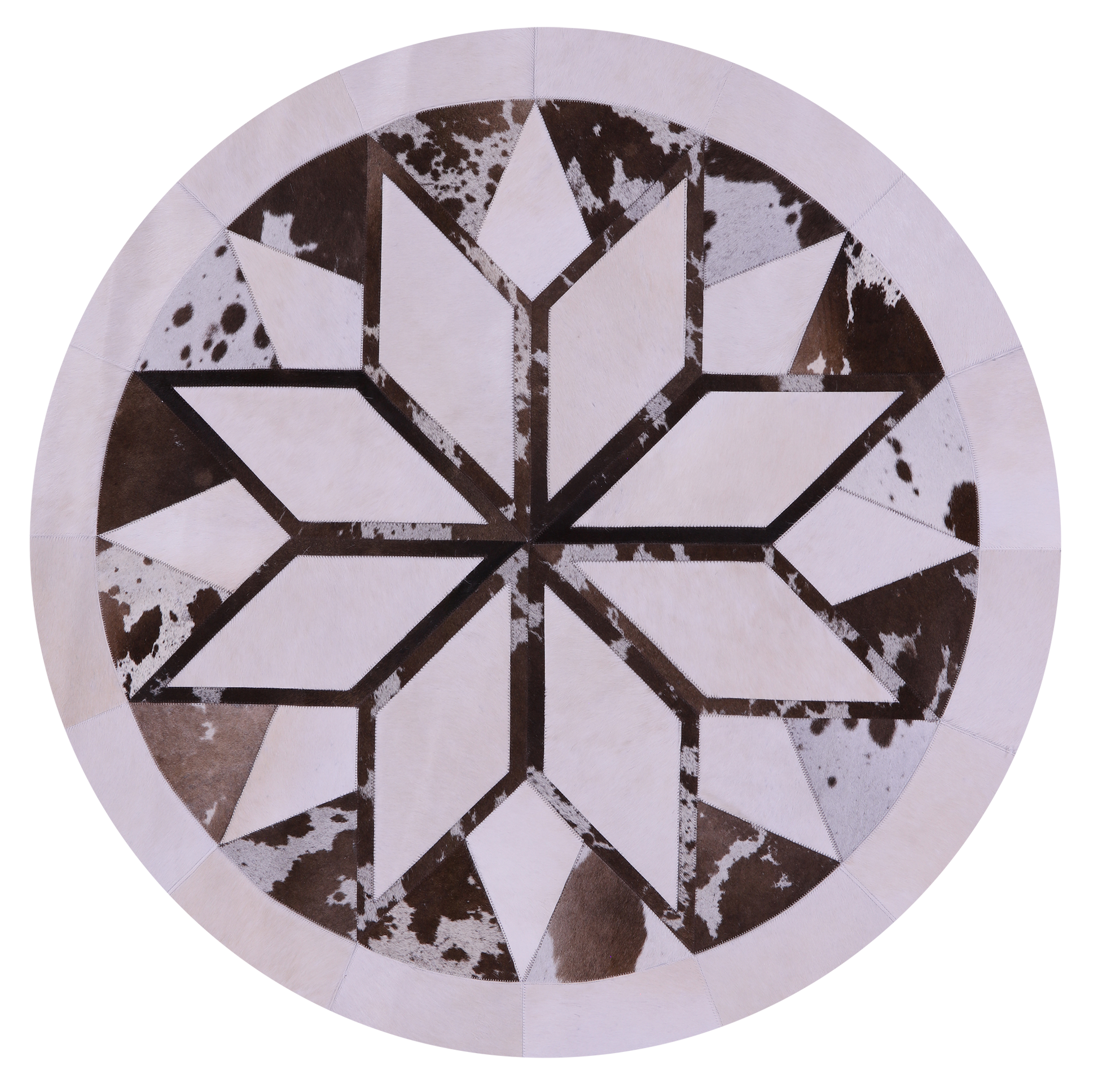 Brown & White Round Star Natural Cowhide Hand Stitched Patchwork Rug - 5' 0" X 5' 0" - Golden Nile