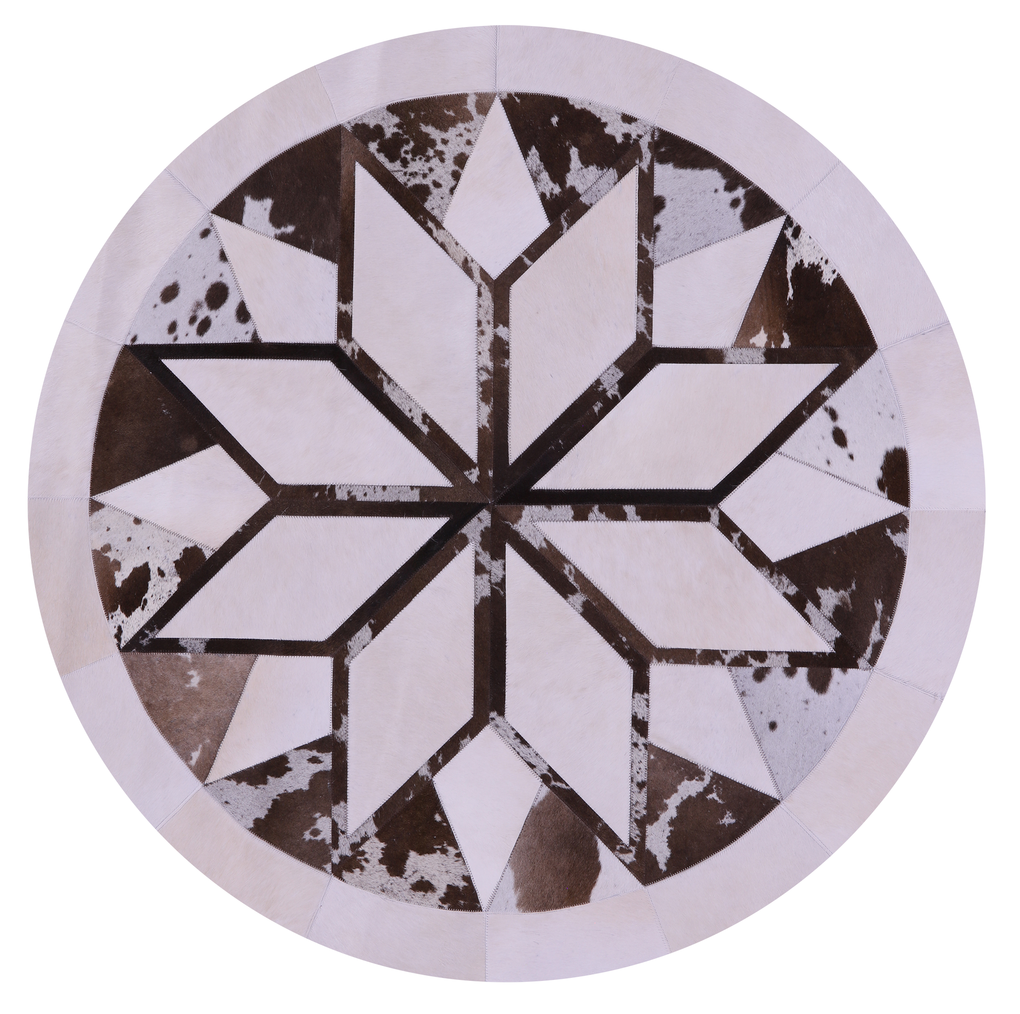 Brown & White Round Star Natural Cowhide Hand Stitched Patchwork Rug - 5' 0" X 5' 0" - Golden Nile