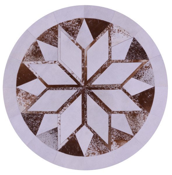 Brown & White Round Star Natural Cowhide Hand Stitched Patchwork Rug - 5' 0" X 5' 0" - Golden Nile