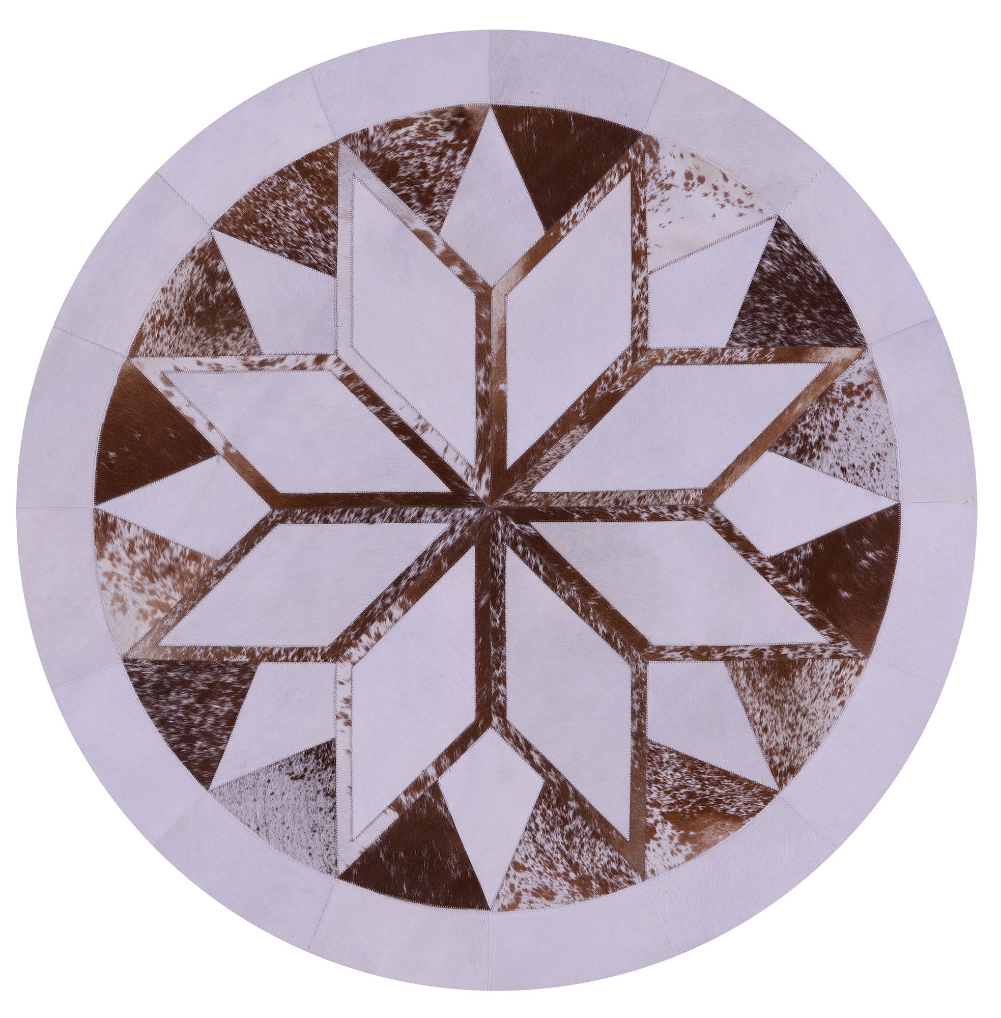 Brown & White Round Star Natural Cowhide Hand Stitched Patchwork Rug - 5' 0" X 5' 0" - Golden Nile