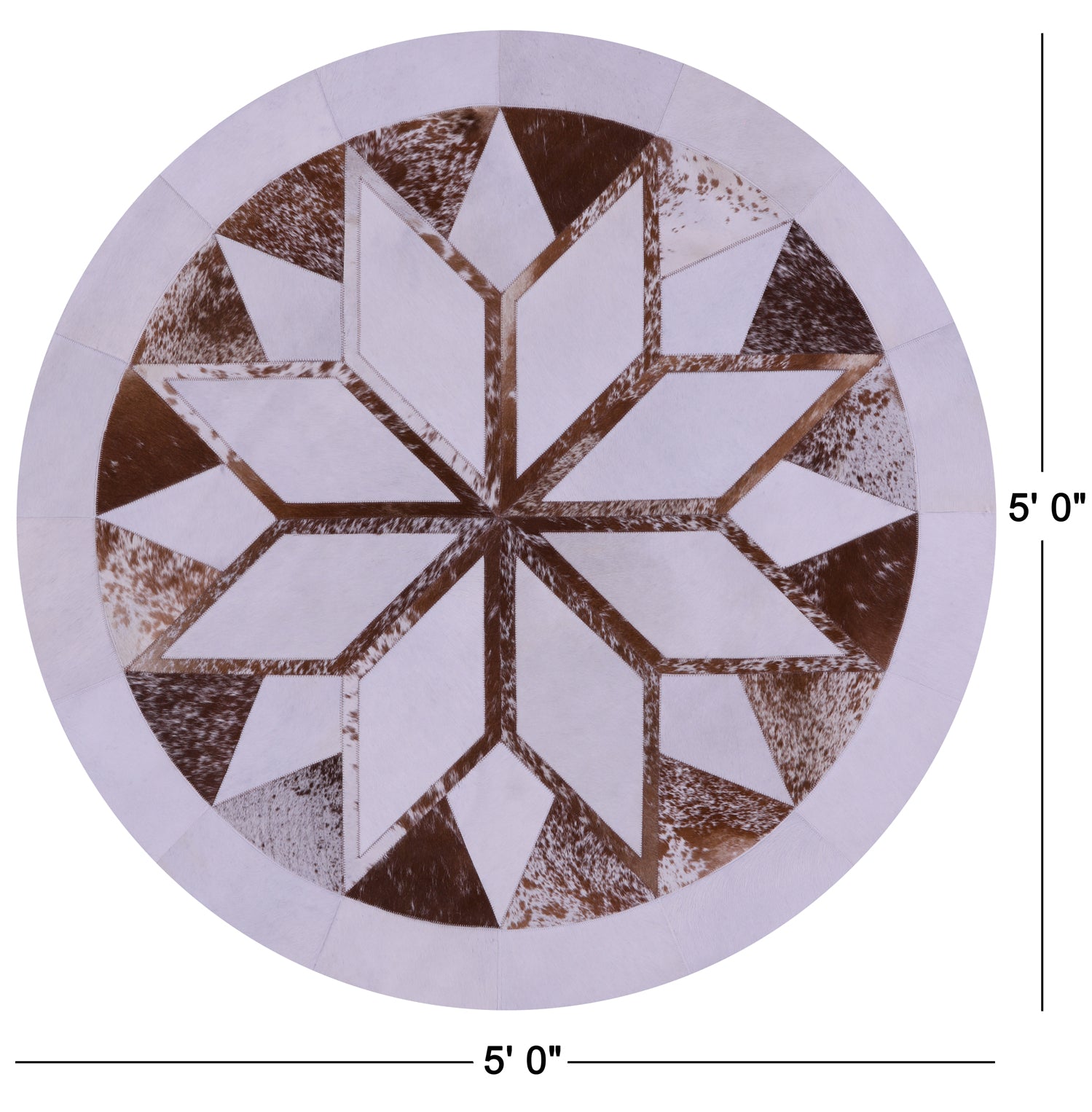 Brown & White Round Star Natural Cowhide Hand Stitched Patchwork Rug - 5' 0" X 5' 0" - Golden Nile