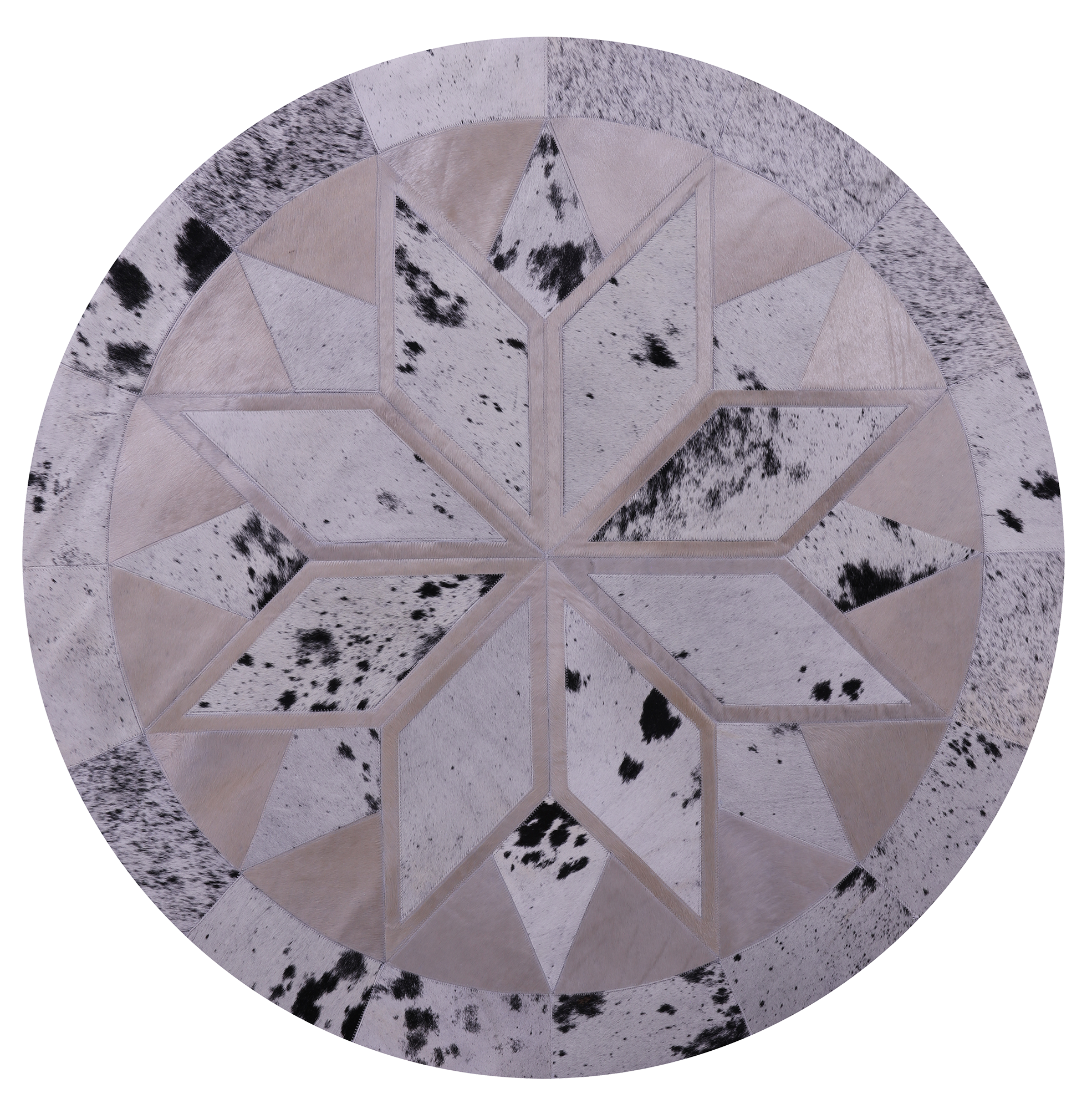 Black Salt & Pepper Round Star Natural Cowhide Hand Stitched Patchwork Rug - 5' 0" X 5' 0" - Golden Nile