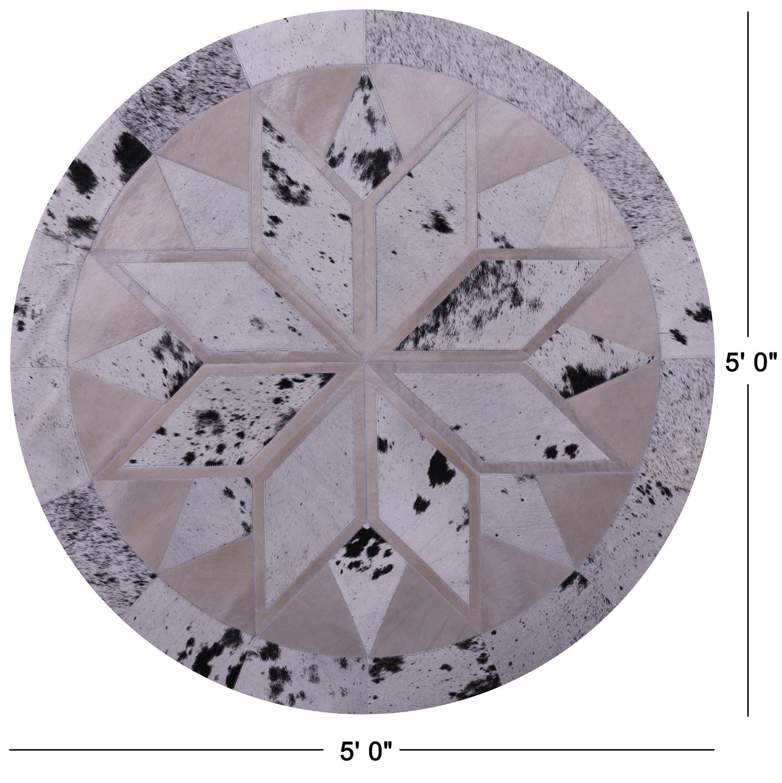 Black Salt & Pepper Round Star Natural Cowhide Hand Stitched Patchwork Rug - 5' 0" X 5' 0" - Golden Nile