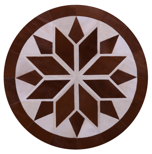 Brown & White Round Star Natural Cowhide Hand Stitched Patchwork Rug - 5' 0" X 5' 0" - Golden Nile