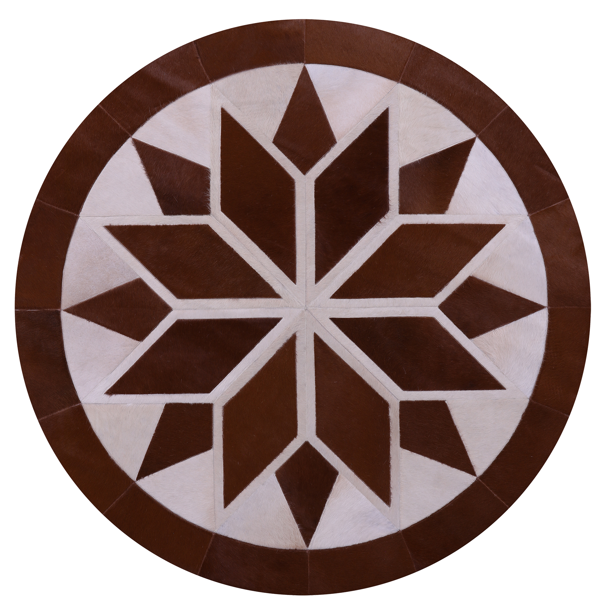 Brown & White Round Star Natural Cowhide Hand Stitched Patchwork Rug - 5' 0" X 5' 0" - Golden Nile