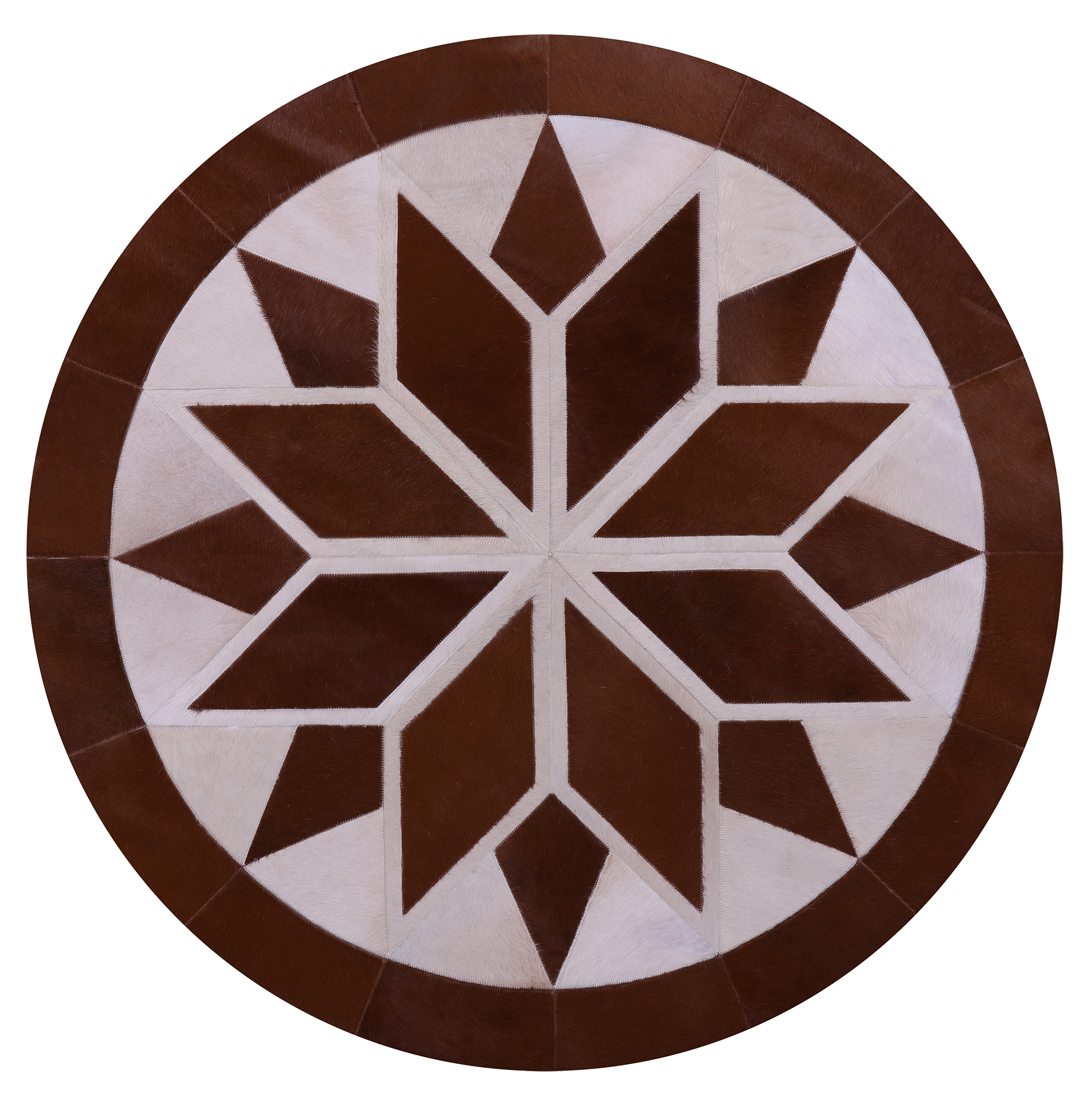 Brown & White Round Star Natural Cowhide Hand Stitched Patchwork Rug - 5' 0" X 5' 0" - Golden Nile