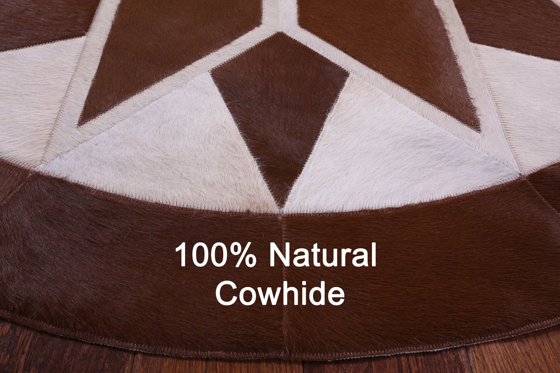 Brown & White Round Star Natural Cowhide Hand Stitched Patchwork Rug - 5' 0" X 5' 0" - Golden Nile
