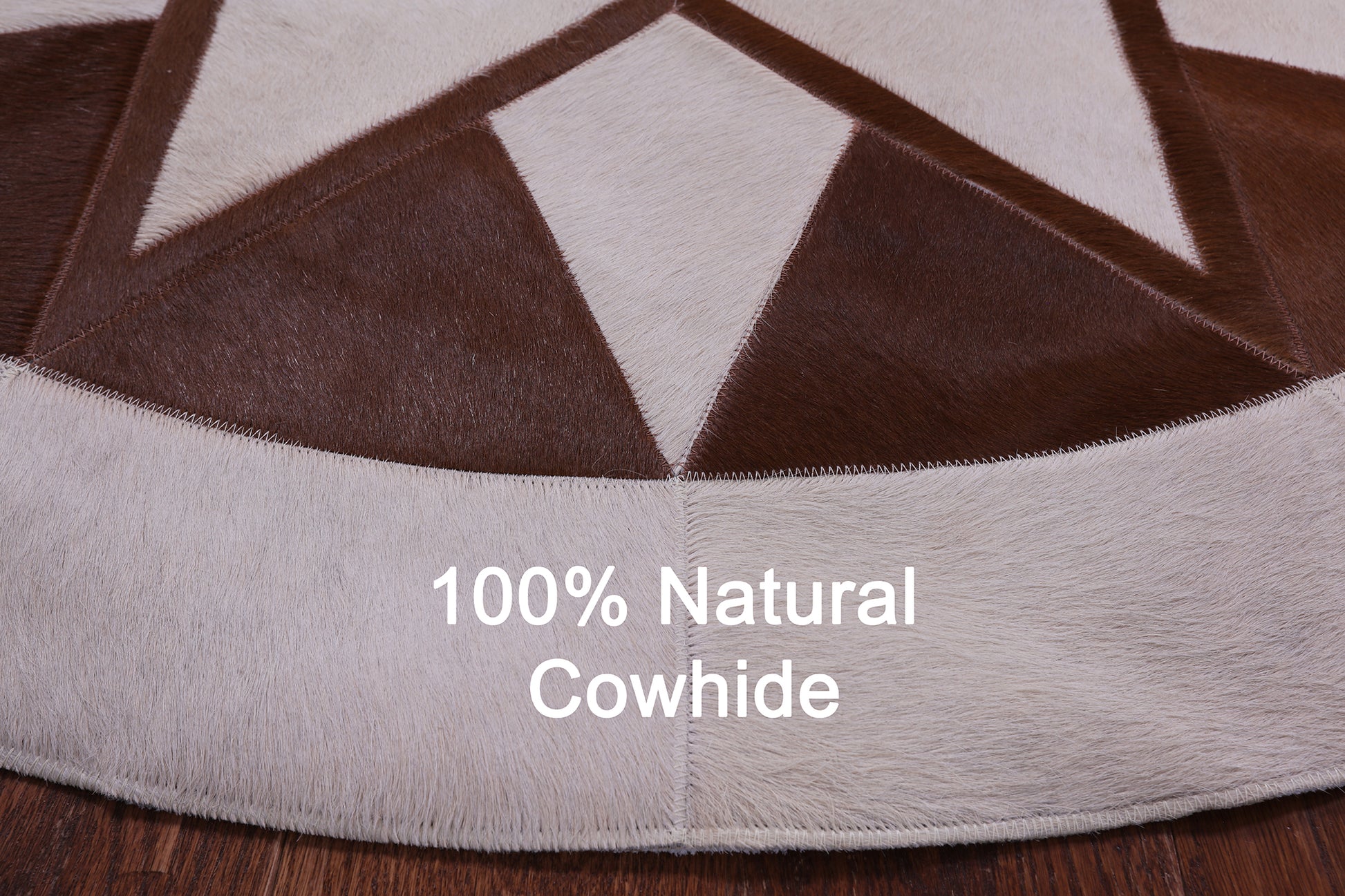 Brown & White Round Star Natural Cowhide Hand Stitched Patchwork Rug - 5' 0" X 5' 0" - Golden Nile