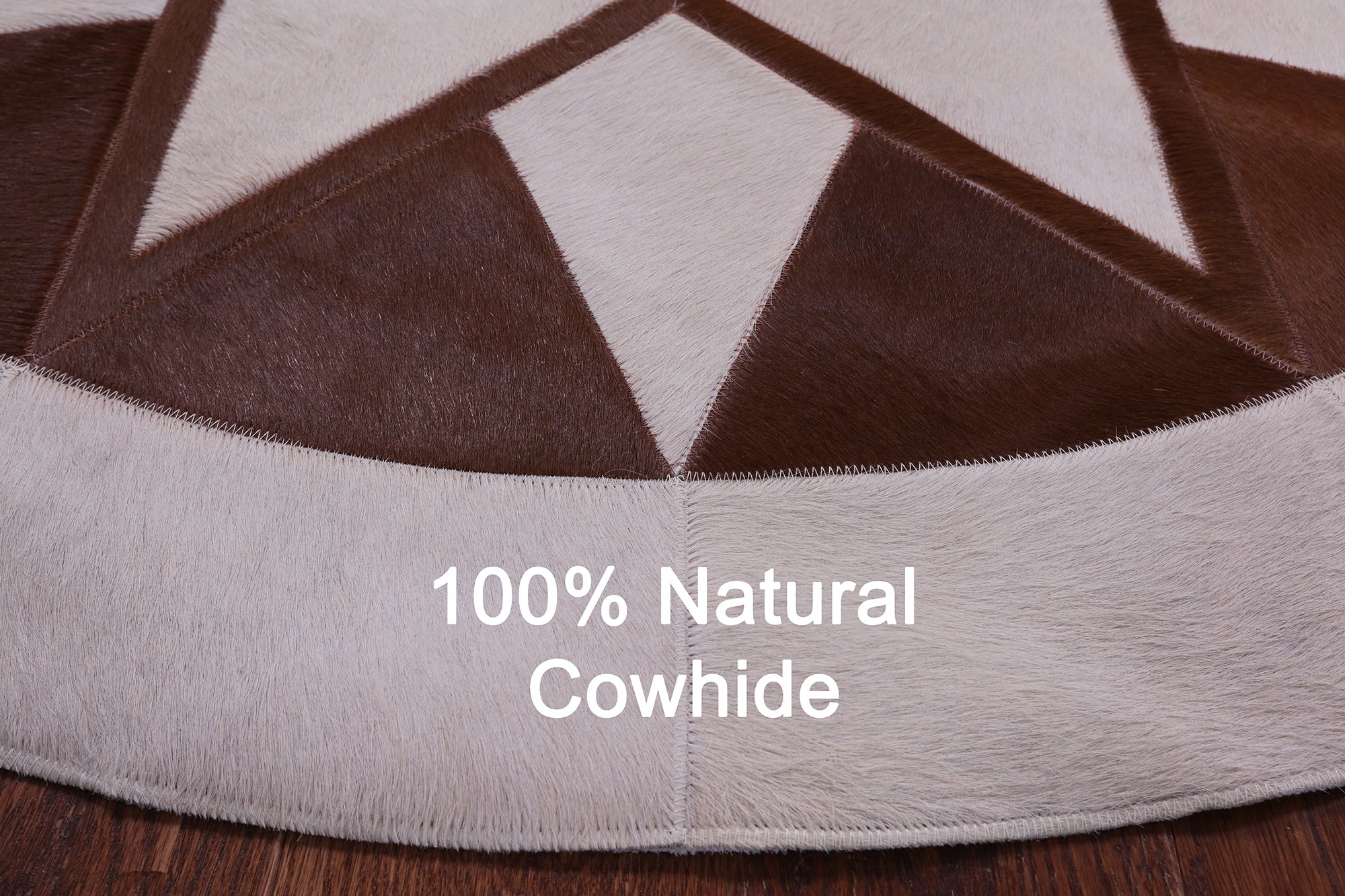 Brown & White Round Star Natural Cowhide Hand Stitched Patchwork Rug - 5' 0" X 5' 0" - Golden Nile
