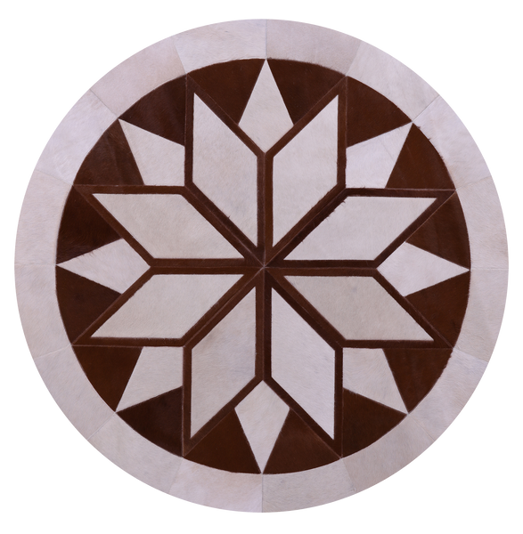 Brown & White Round Star Natural Cowhide Hand Stitched Patchwork Rug - 5' 0" X 5' 0" - Golden Nile