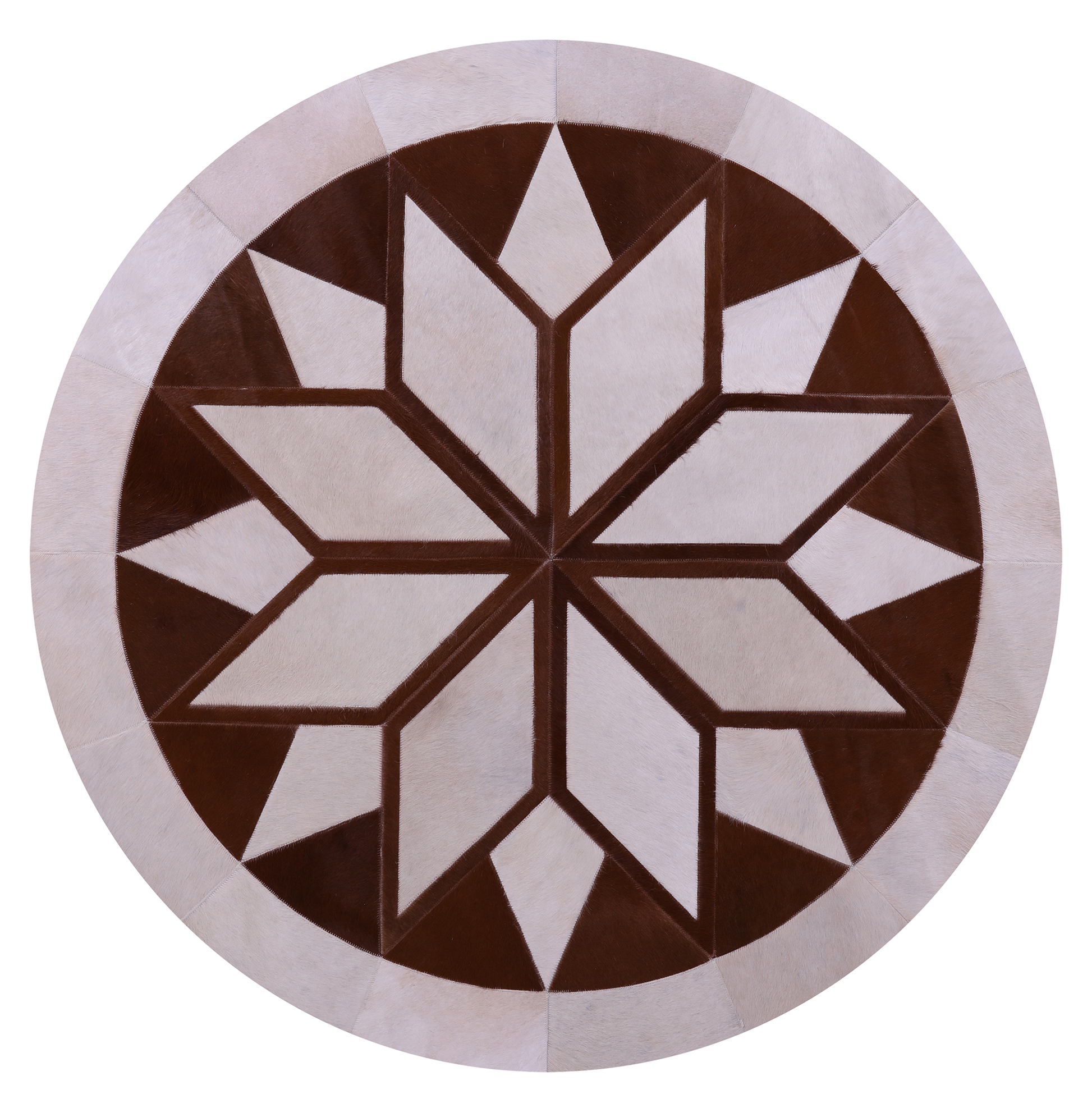 Brown & White Round Star Natural Cowhide Hand Stitched Patchwork Rug - 5' 0" X 5' 0" - Golden Nile