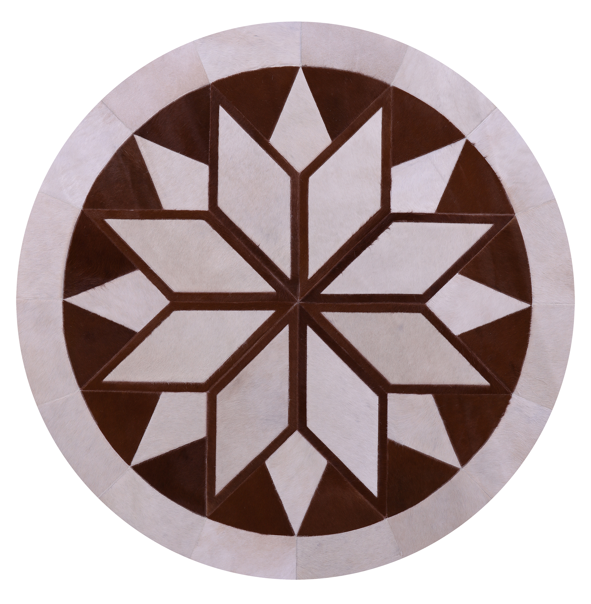 Brown & White Round Star Natural Cowhide Hand Stitched Patchwork Rug - 5' 0" X 5' 0" - Golden Nile