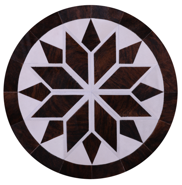 Brown & White Round Star Natural Cowhide Hand Stitched Patchwork Rug - 5' 0" X 5' 0" - Golden Nile
