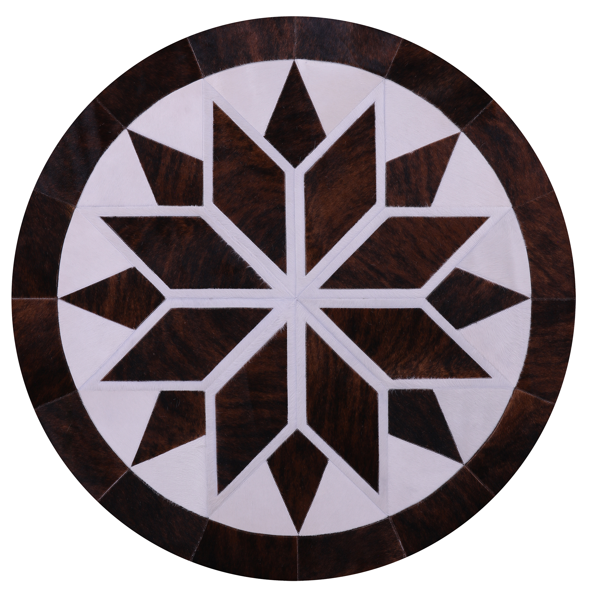 Brown & White Round Star Natural Cowhide Hand Stitched Patchwork Rug - 5' 0" X 5' 0" - Golden Nile
