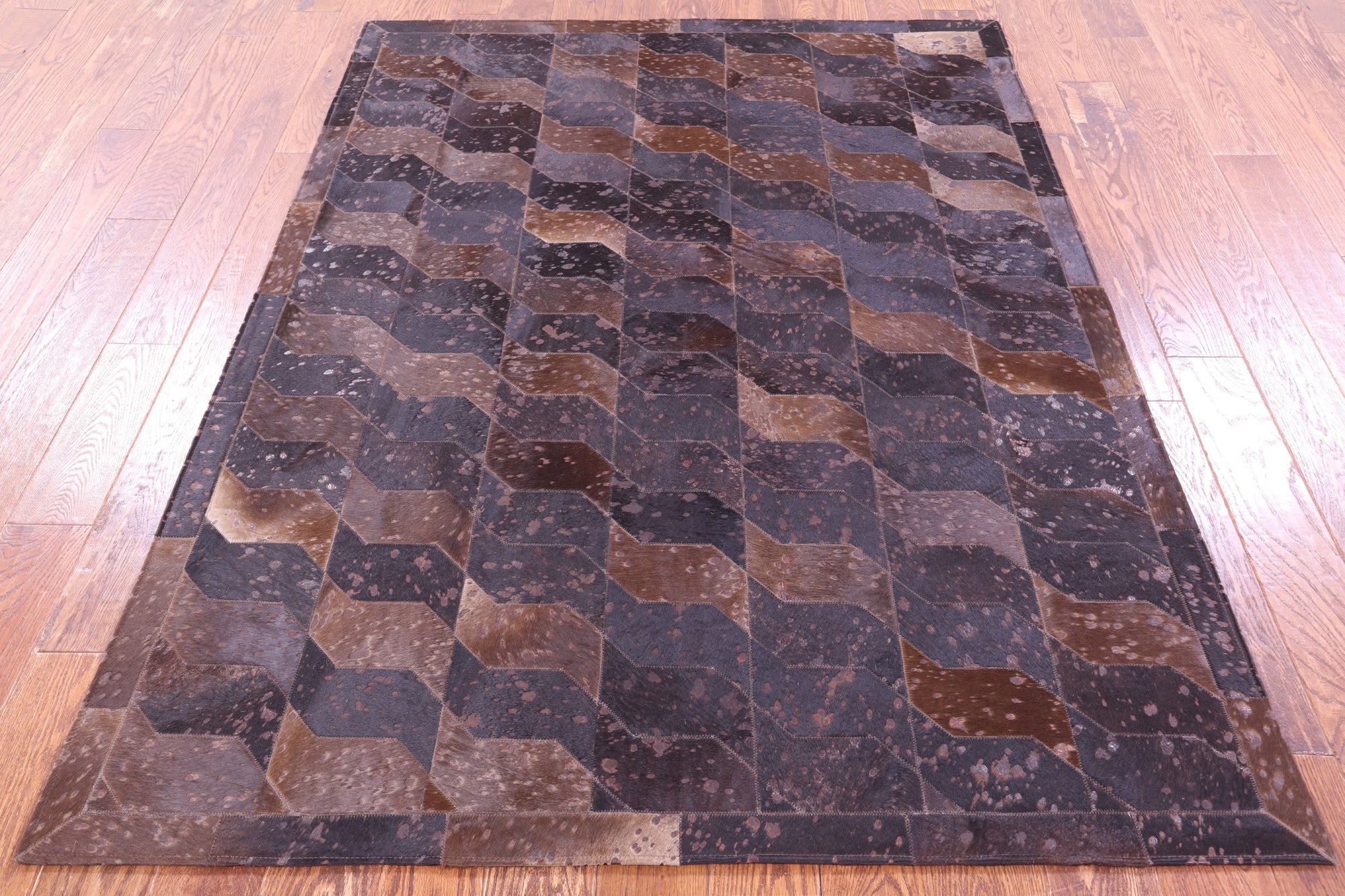 Brown Dyed Natural Cowhide Hand Stitched Patchwork Rug - 6' 0" X 7' 5"