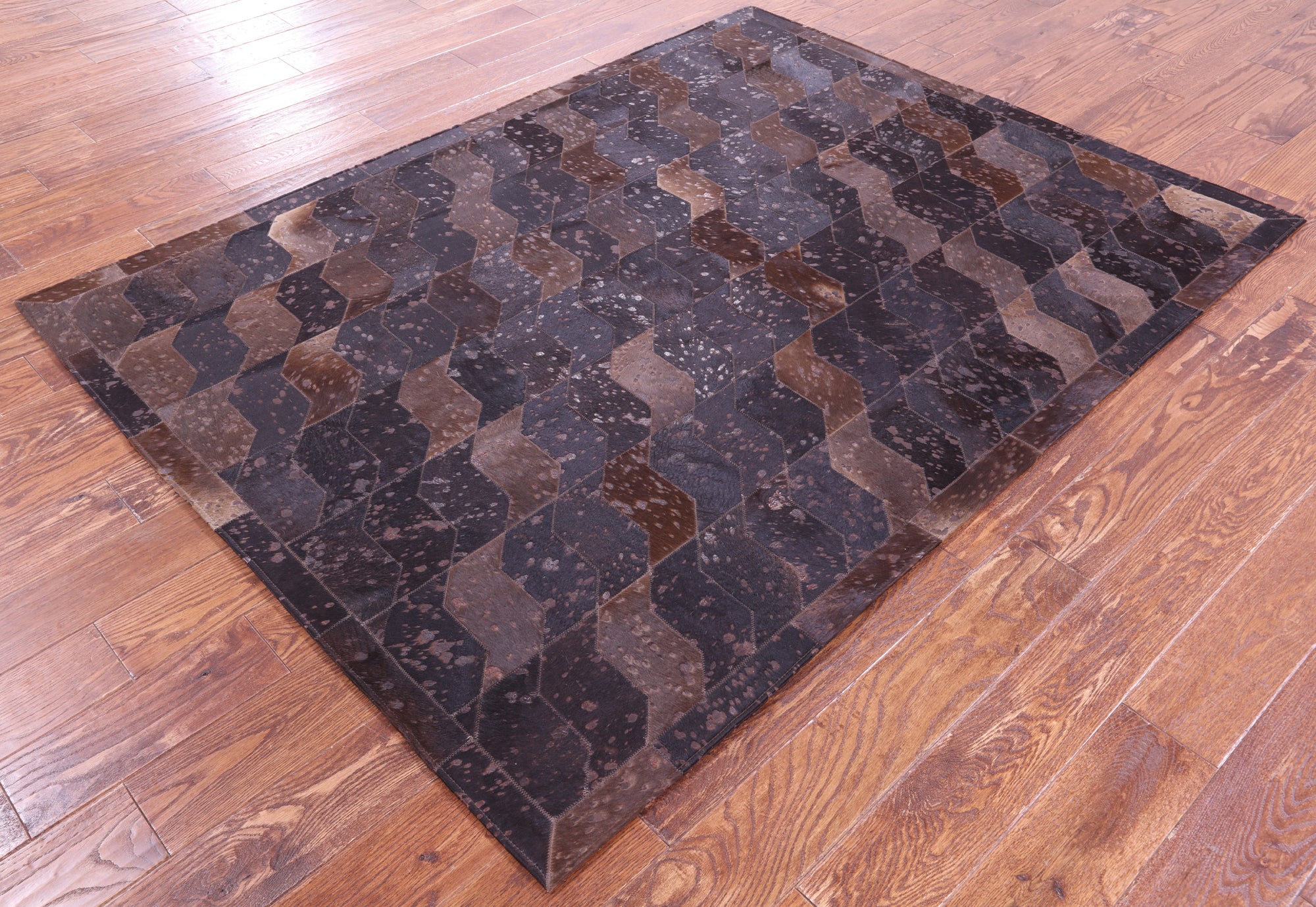 Brown Dyed Natural Cowhide Hand Stitched Patchwork Rug - 6' 0" X 7' 5"
