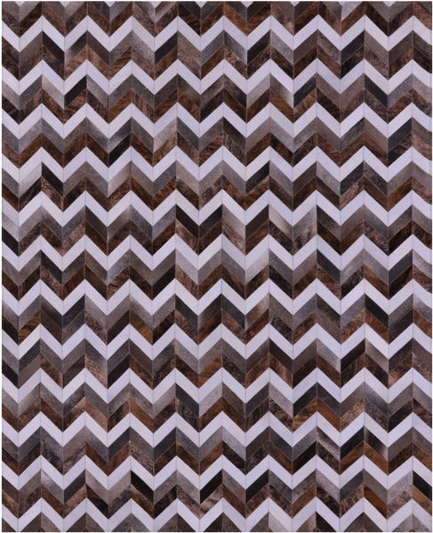 Brown & White Chevron Grey Natural Cowhide Hand Stitched Patchwork Rug - 6' 7" X 8' 2"