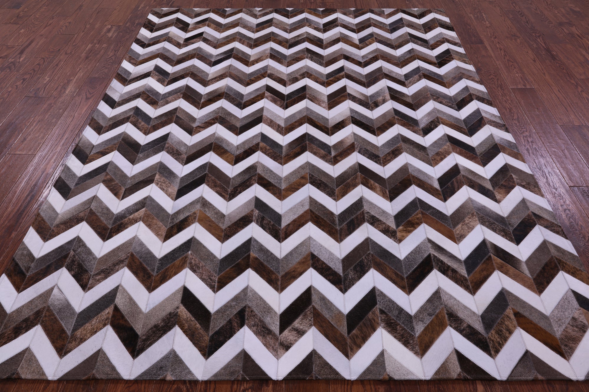 Brown & White Chevron Grey Natural Cowhide Hand Stitched Patchwork Rug - 6' 7" X 8' 2"