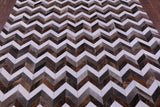 Brown & White Chevron Grey Natural Cowhide Hand Stitched Patchwork Rug - 6' 7" X 8' 2"
