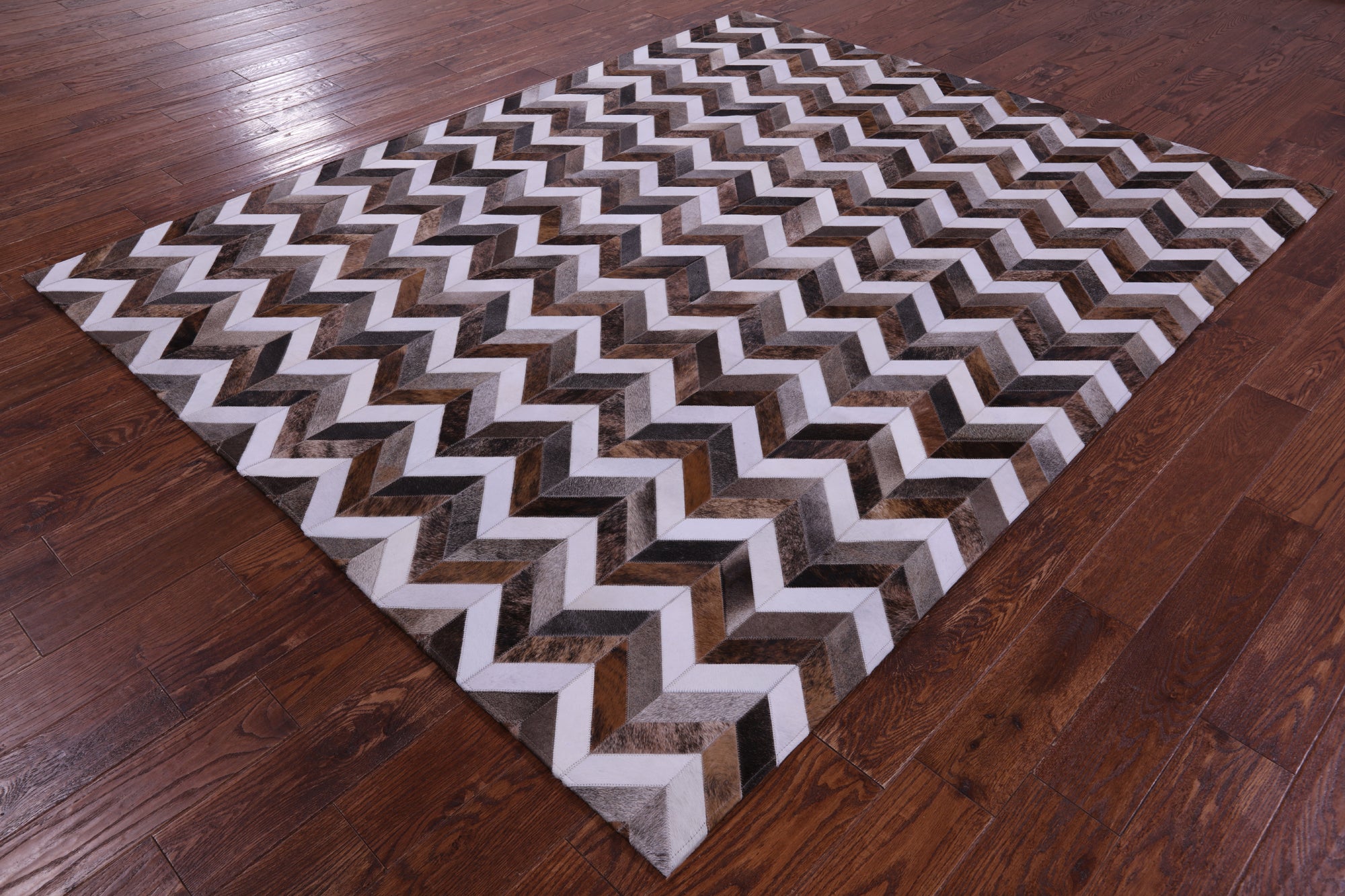 Brown & White Chevron Grey Natural Cowhide Hand Stitched Patchwork Rug - 6' 7" X 8' 2"