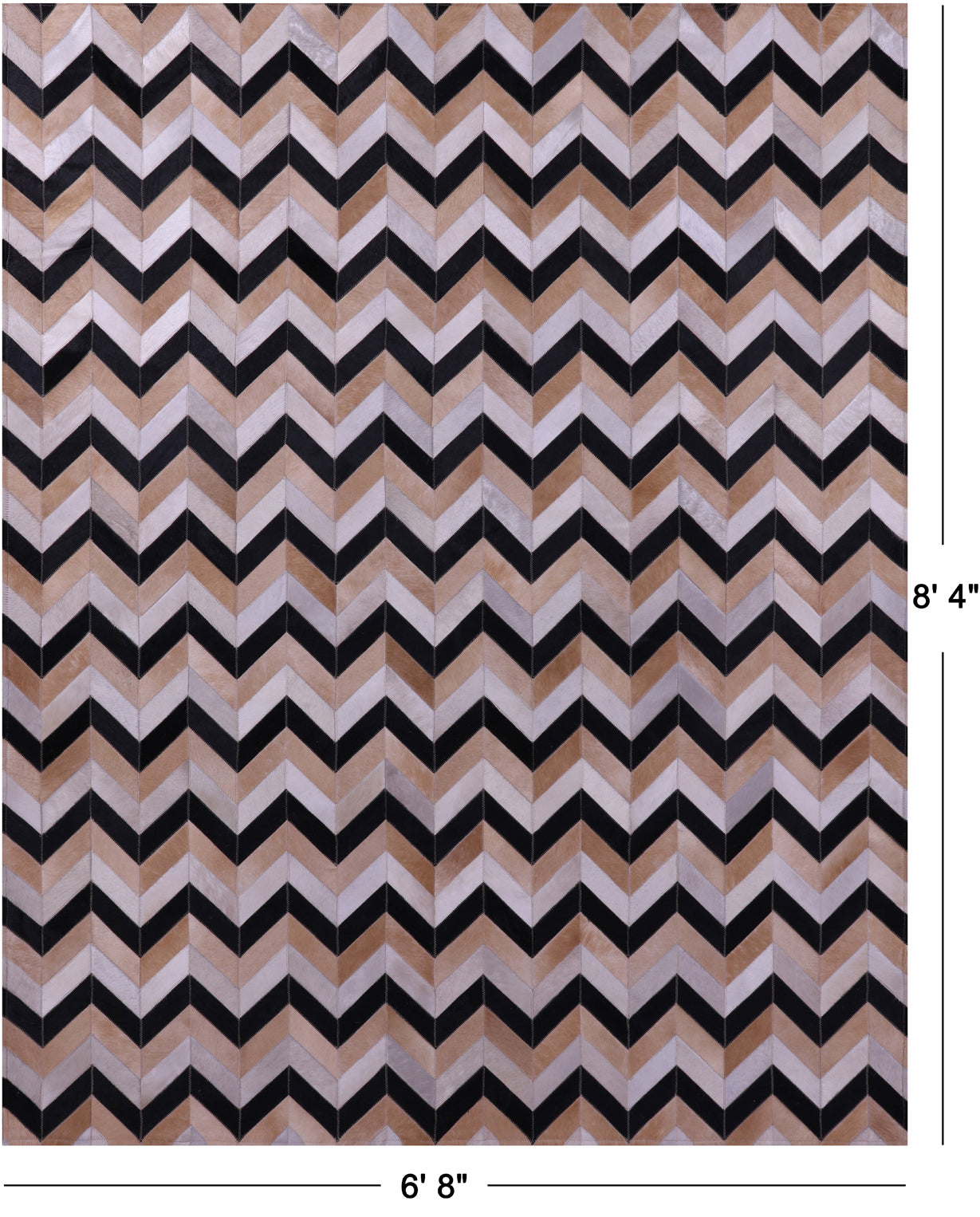 Brown & Beige Chevron Black Natural Cowhide Hand Stitched Patchwork Rug - 6' 8" X 8' 4"