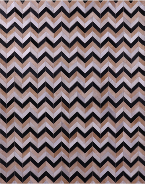 Brown & Beige Chevron Black Natural Cowhide Hand Stitched Patchwork Rug - 6' 8" X 8' 4"