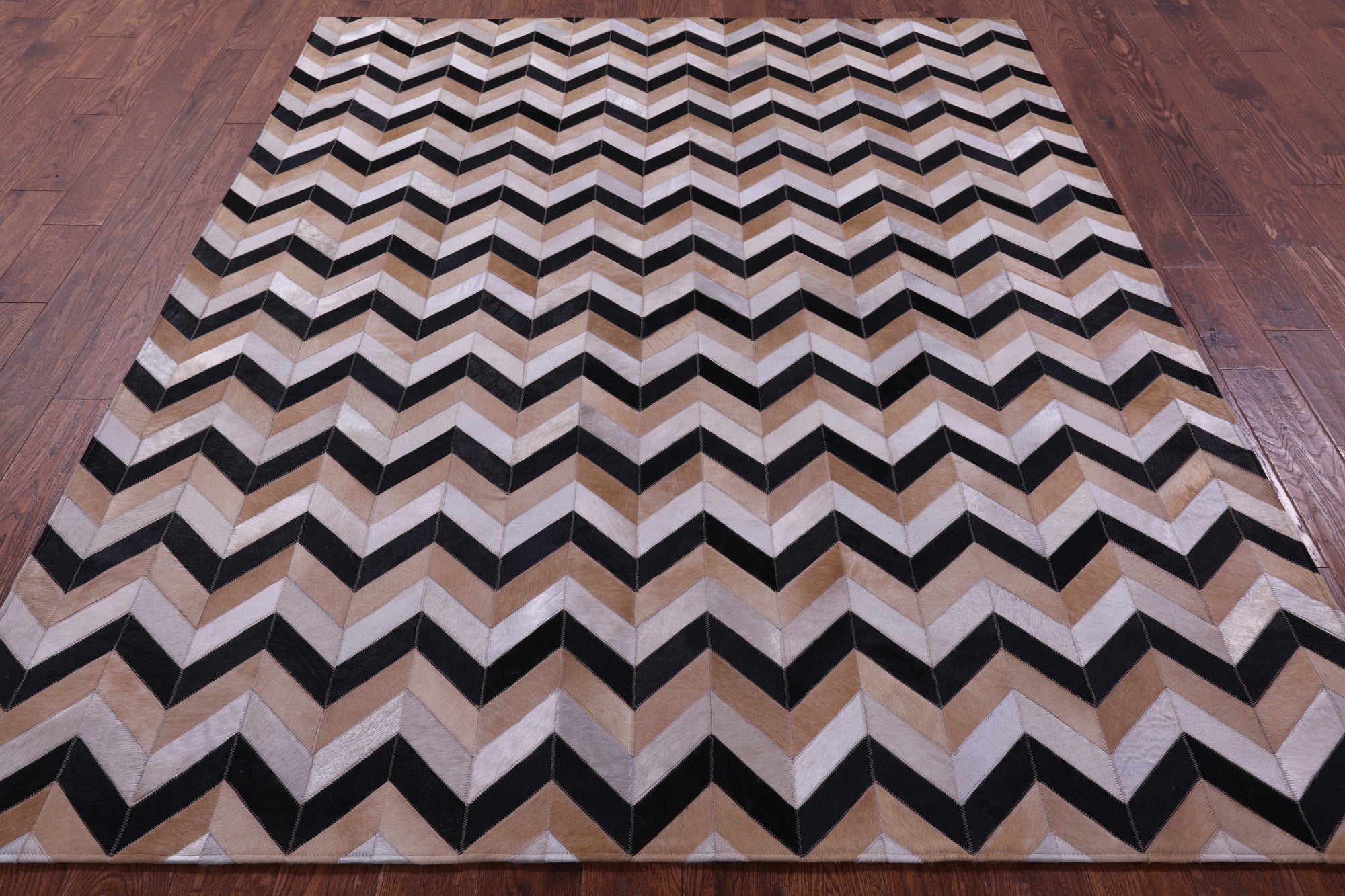 Brown & Beige Chevron Black Natural Cowhide Hand Stitched Patchwork Rug - 6' 8" X 8' 4"