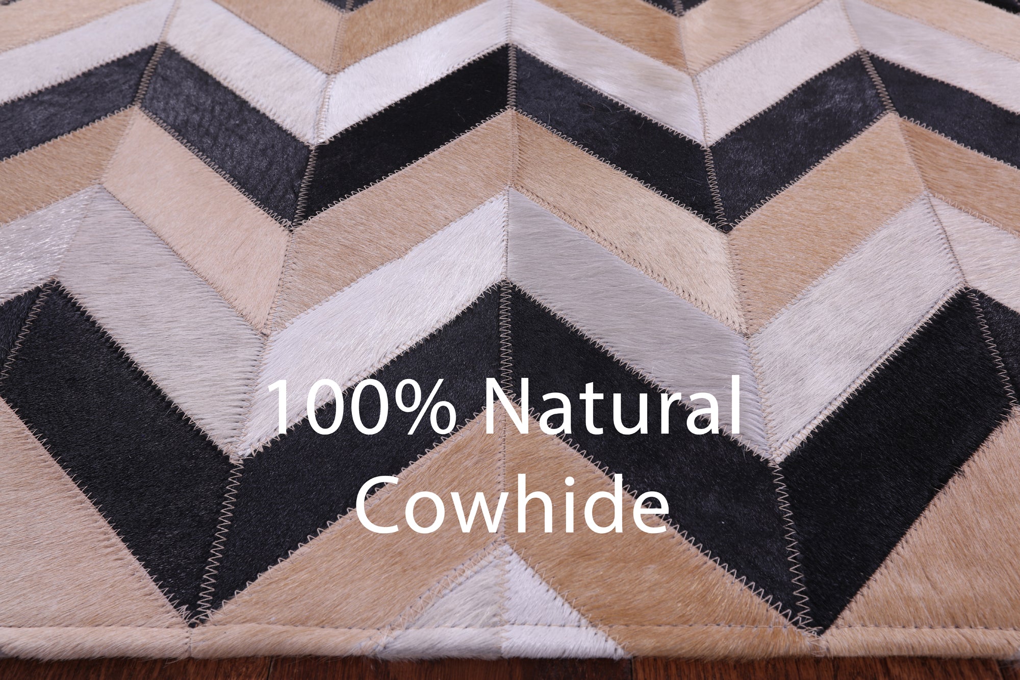 Brown & Beige Chevron Black Natural Cowhide Hand Stitched Patchwork Rug - 6' 8" X 8' 4"