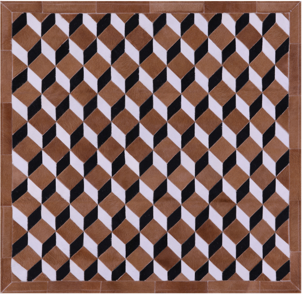 Brown & White Square Black Natural Cowhide Hand Stitched Patchwork Rug - 5' 0" X 5' 0"