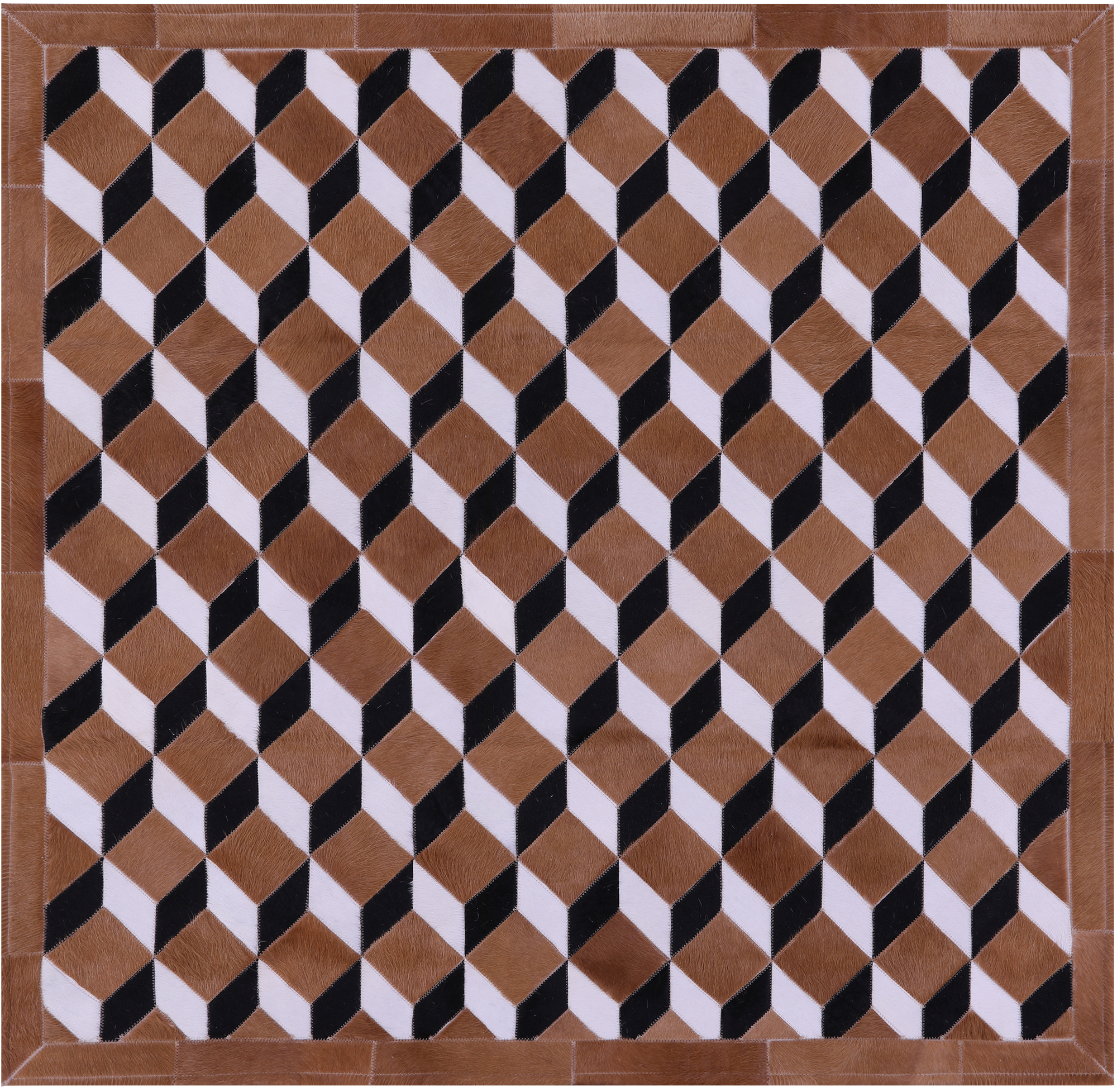 Brown & White Square Black Natural Cowhide Hand Stitched Patchwork Rug - 5' 0" X 5' 0"