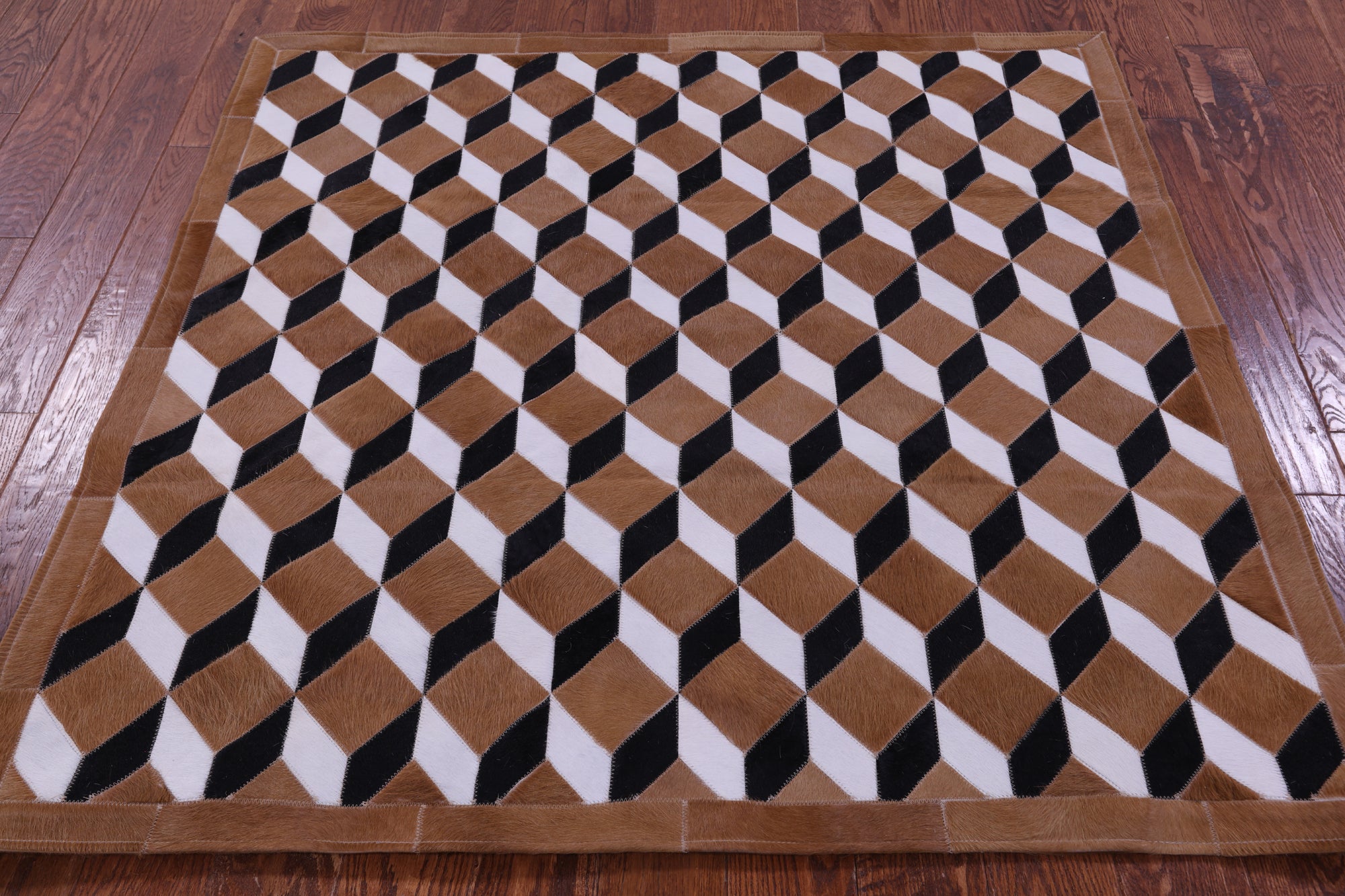 Brown & White Square Black Natural Cowhide Hand Stitched Patchwork Rug - 5' 0" X 5' 0"