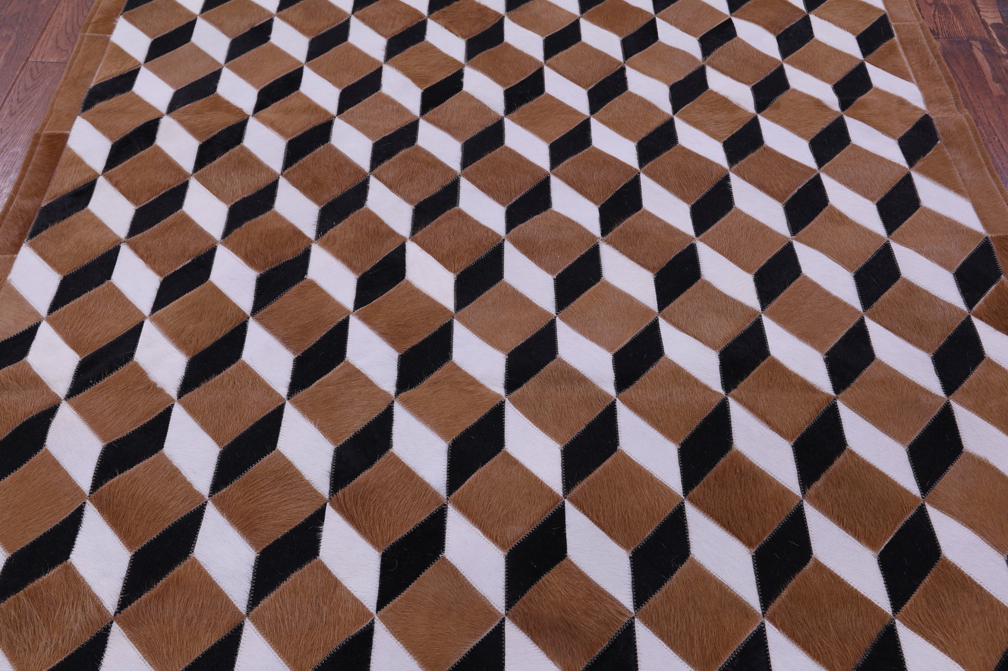 Brown & White Square Black Natural Cowhide Hand Stitched Patchwork Rug - 5' 0" X 5' 0"