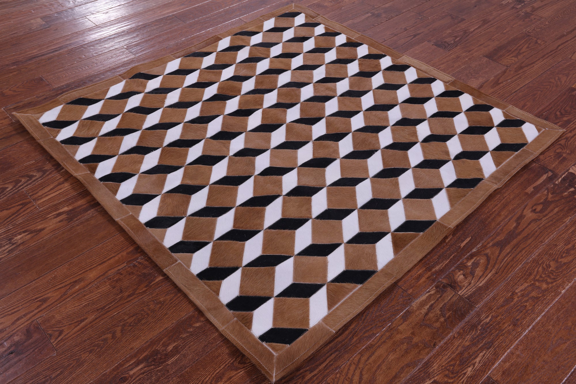 Brown & White Square Black Natural Cowhide Hand Stitched Patchwork Rug - 5' 0" X 5' 0"