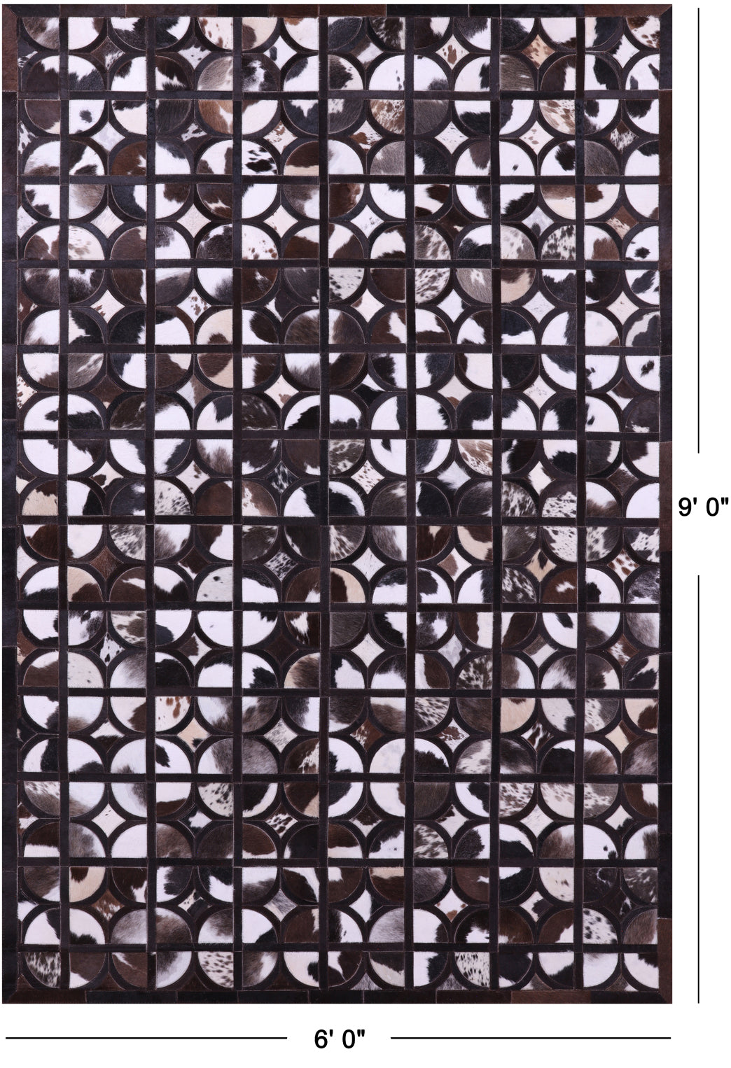Brown & White Black Natural Cowhide Hand Stitched Patchwork Rug - 6' 0" X 9' 0"