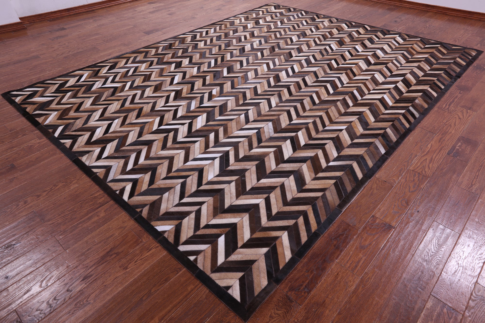 Brown Chevron Natural Cowhide Hand Stitched Patchwork Rug - 9' 0" X 12' 0"