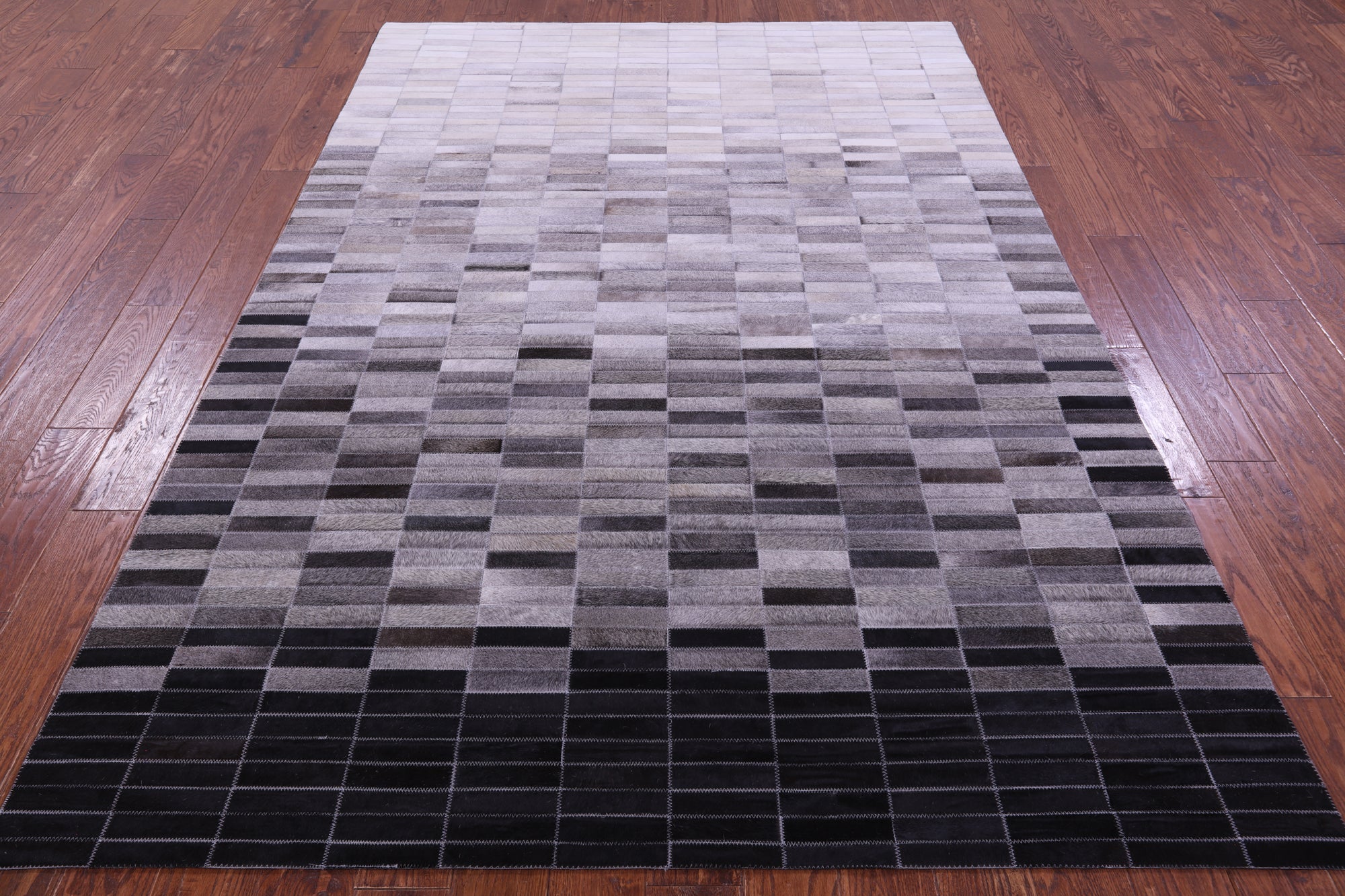 Grey & White Gradient Brickwork Natural Cowhide Hand Stitched Patchwork Rug - 6' 0" X 9' 0"