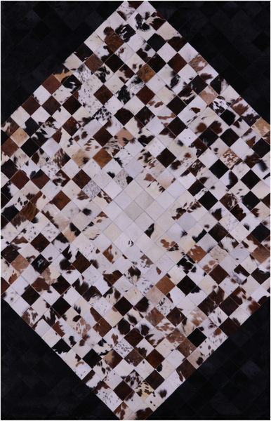 Brown & White & Black Natural Cowhide Hand Stitched Patchwork Rug - 6' 0" X 9' 0"