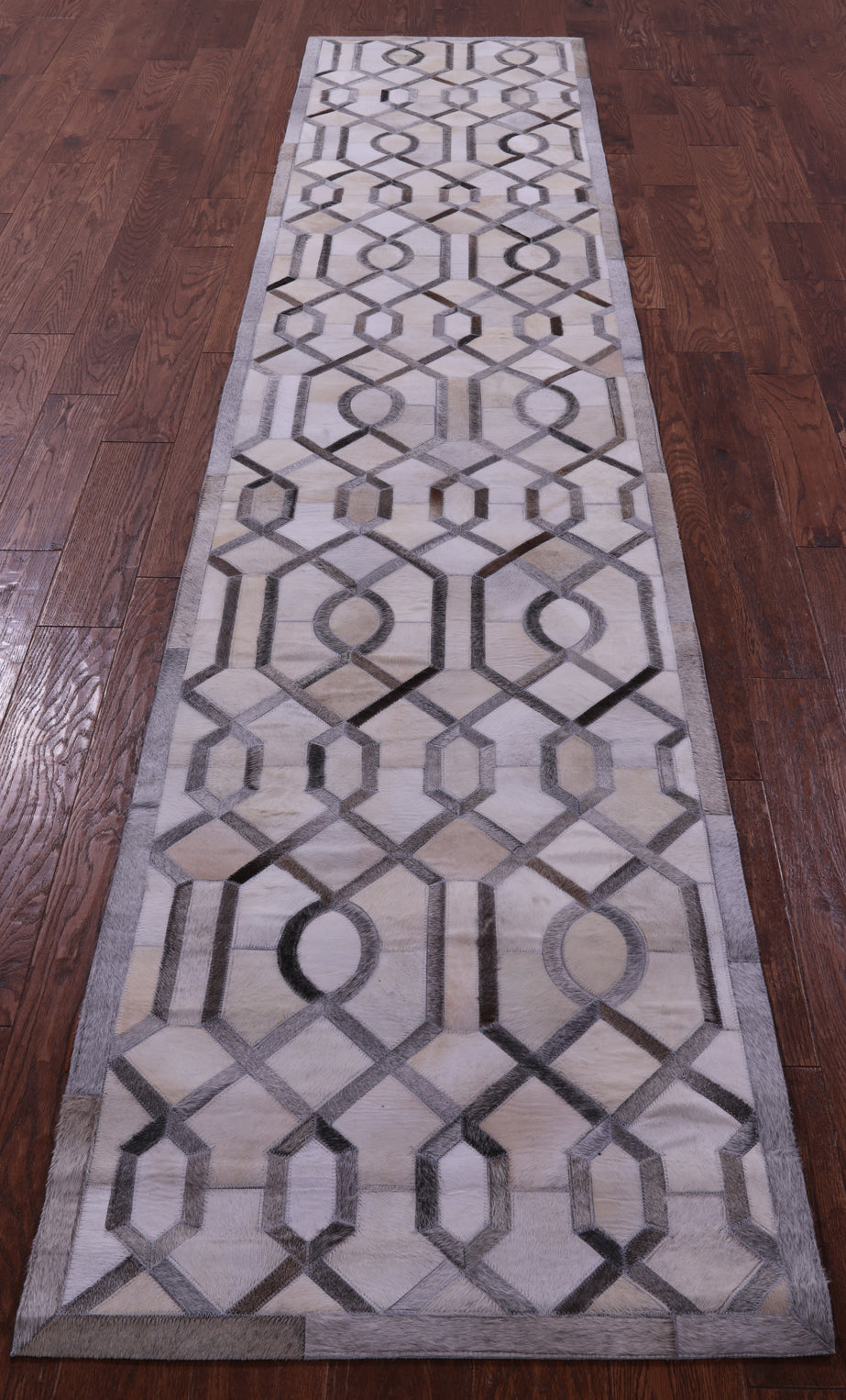 Grey & White Natural Cowhide Hand Stitched Patchwork Runner Rug - 2' 6" X 12' 0"
