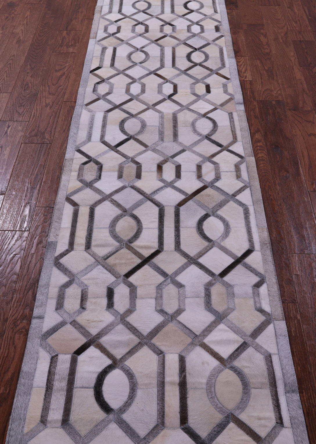 Grey & White Natural Cowhide Hand Stitched Patchwork Runner Rug - 2' 6" X 12' 0"