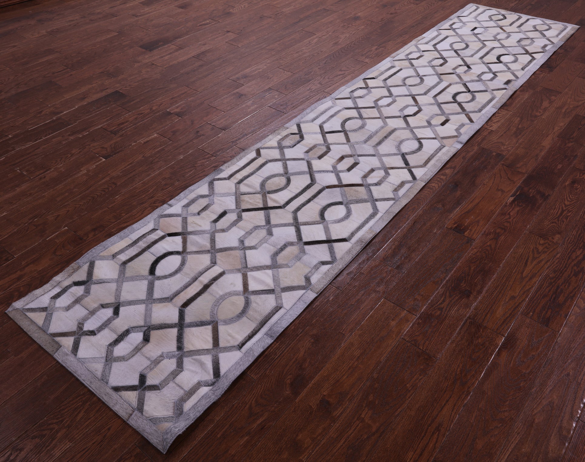 Grey & White Natural Cowhide Hand Stitched Patchwork Runner Rug - 2' 6" X 12' 0"