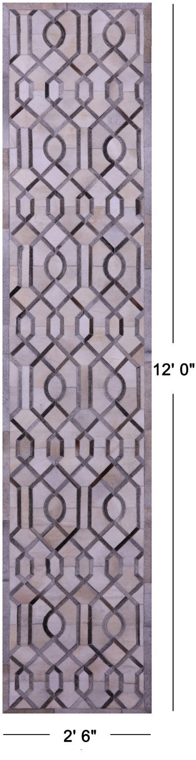 Grey & White Natural Cowhide Hand Stitched Patchwork Runner Rug - 2' 6" X 12' 0"