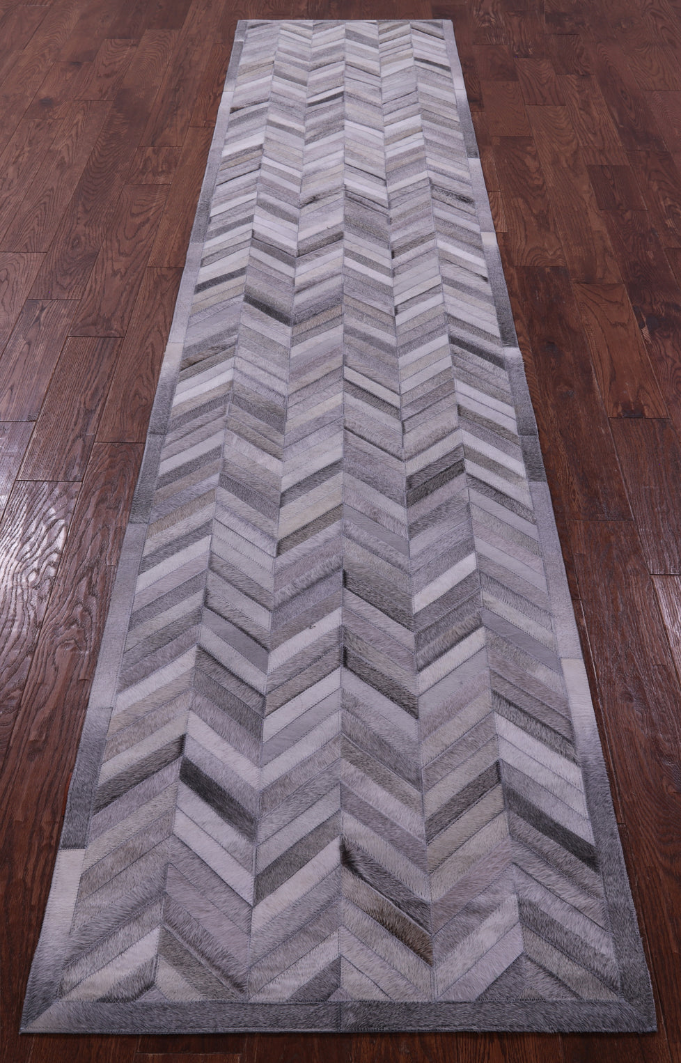 Grey Chevron Natural Cowhide Hand Stitched Patchwork Runner Rug - 2' 6" X 12' 0"